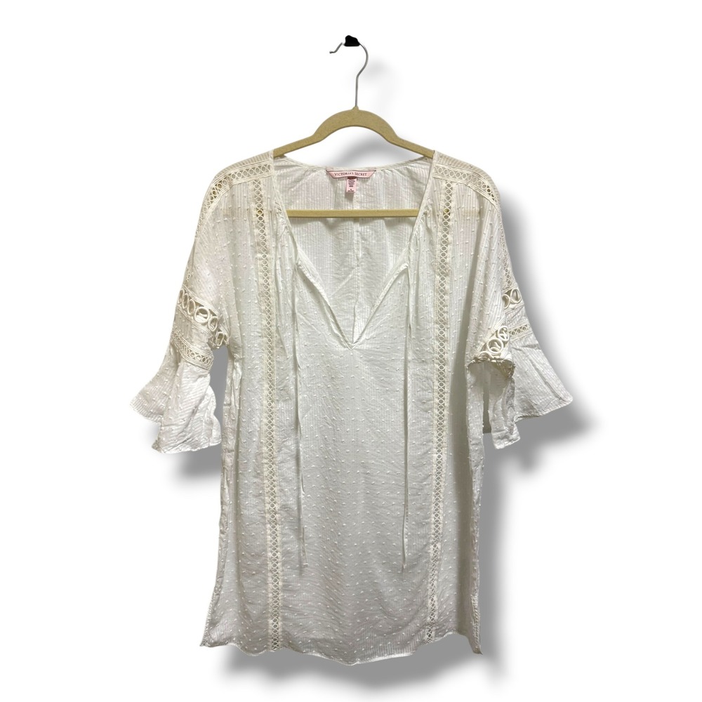 Victoria's Secret White Cotton Swiss Dot Boho Tunic Bell Sleeve Beach‎ Coverup M